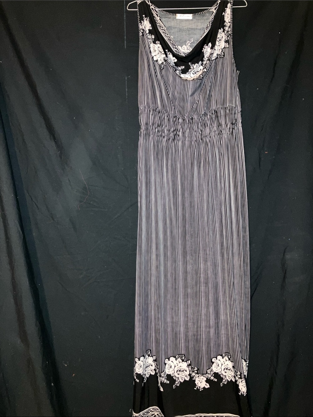 Sleeveless Black & White Floral-Trim Maxi Dress